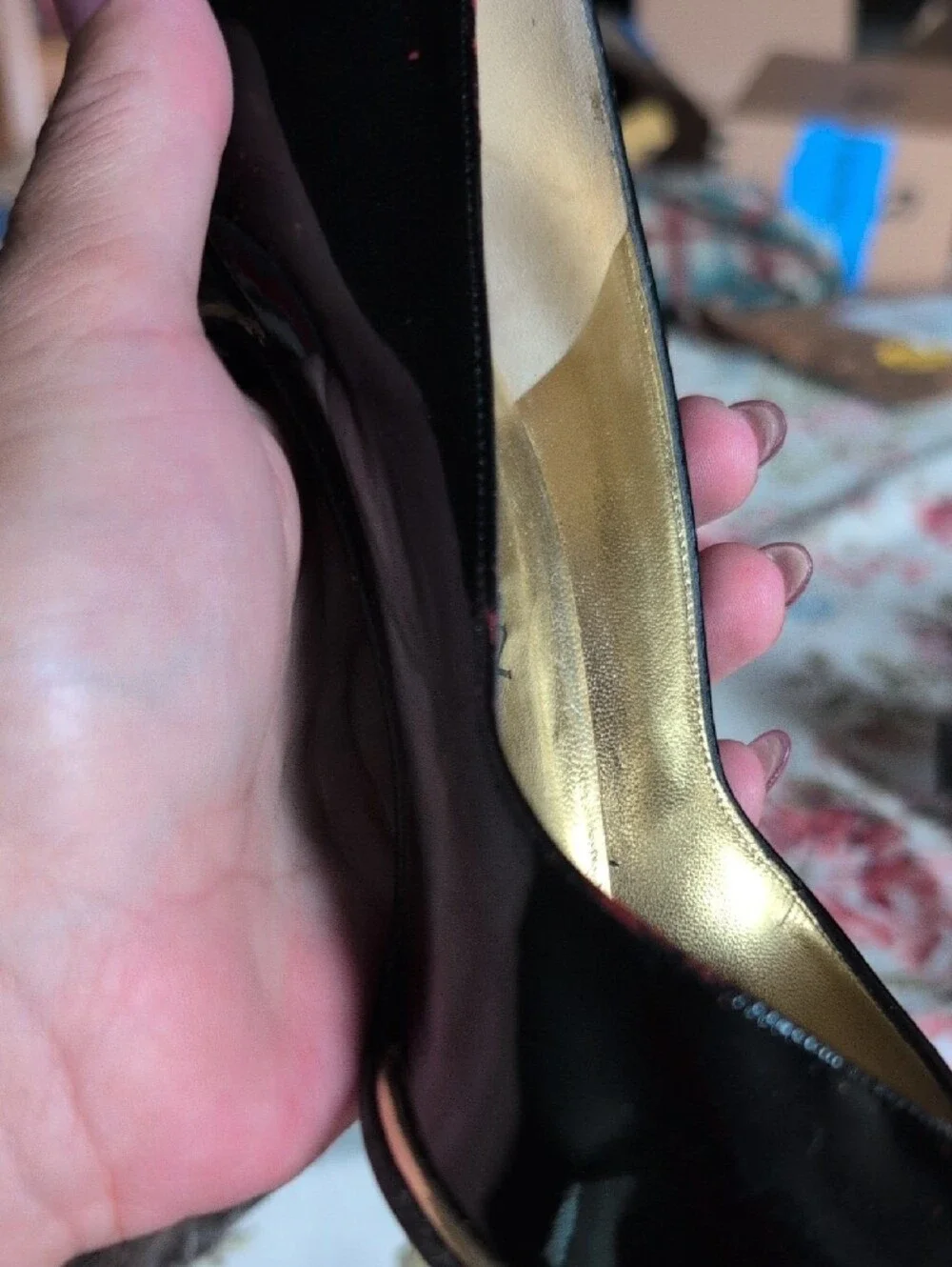 St. John Black Patent Leather Pointed Pumps with Gold Interior
